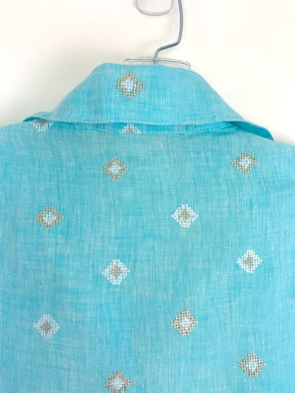 Temptation Positano Blue Straight Cut Embroidered Bohemian Linen Blouse Sz M - Picture 9 of 16